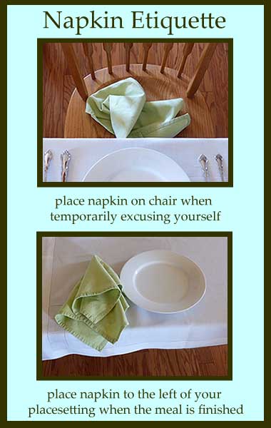 Napkin Etiquette showing where to place napkin at table